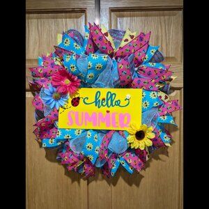 Hello Summer Wreath, Ladybug Wreath, Rainbow Colors, Floral Wreath, Mothers Day